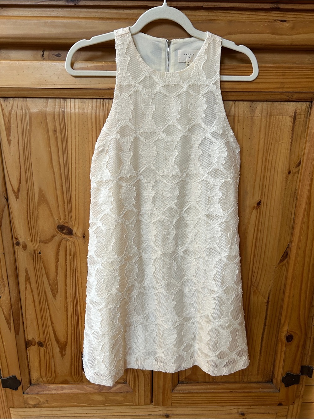 Everly Beige Lace Shift Dress Sleeveless Scallop Floral Overlay Mini